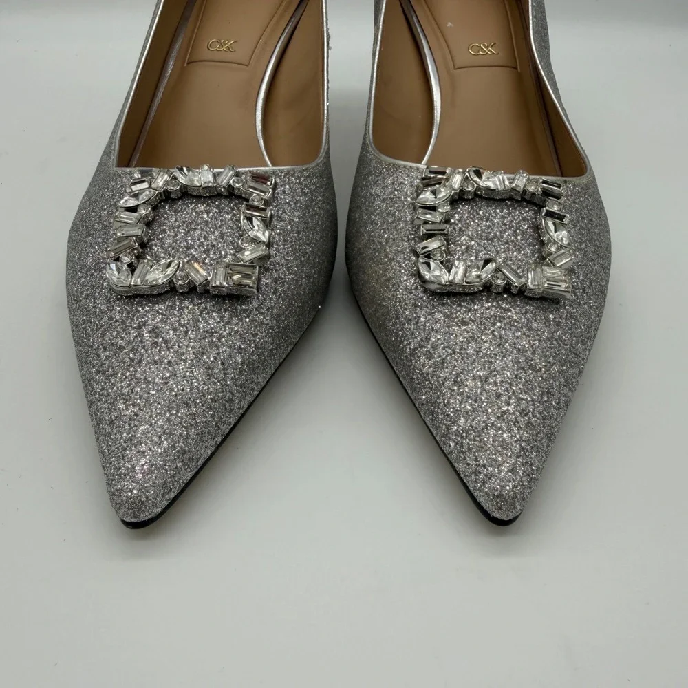 Charles & Keith Silver Glitter Buckle Pointed Toe Pumps 60580031-41 Size 41